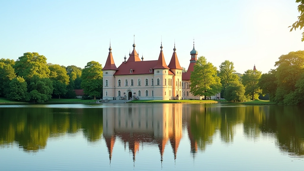Trakų pilis vasarą, atspindinti ežere, su žaliomis medžių šešėliais, šviesiu dangumi ir vasaros gėlėmis šalia ežero kranto