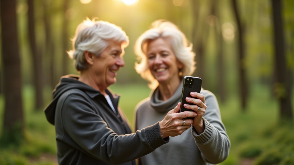 Senyva pora fotografuojanti gamtą miške, smalsiai žiūrinčios į telefoną