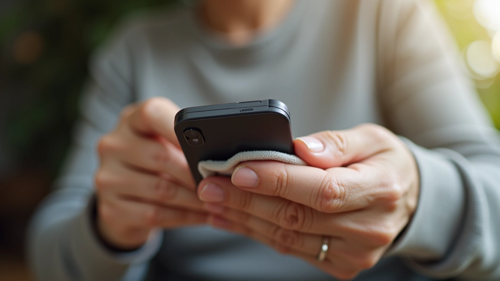 Senyvo žmogaus rankos valytos išmanaus telefono objektyvą šviesiu audiniu