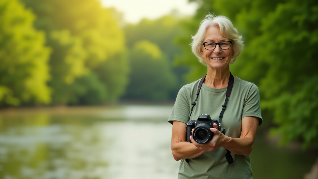 Senjorė su fotoaparatu, stovinčia prie Vilnies upės kranto su žaliomis medžių šešėliais fone, šviesus vasaros rytas